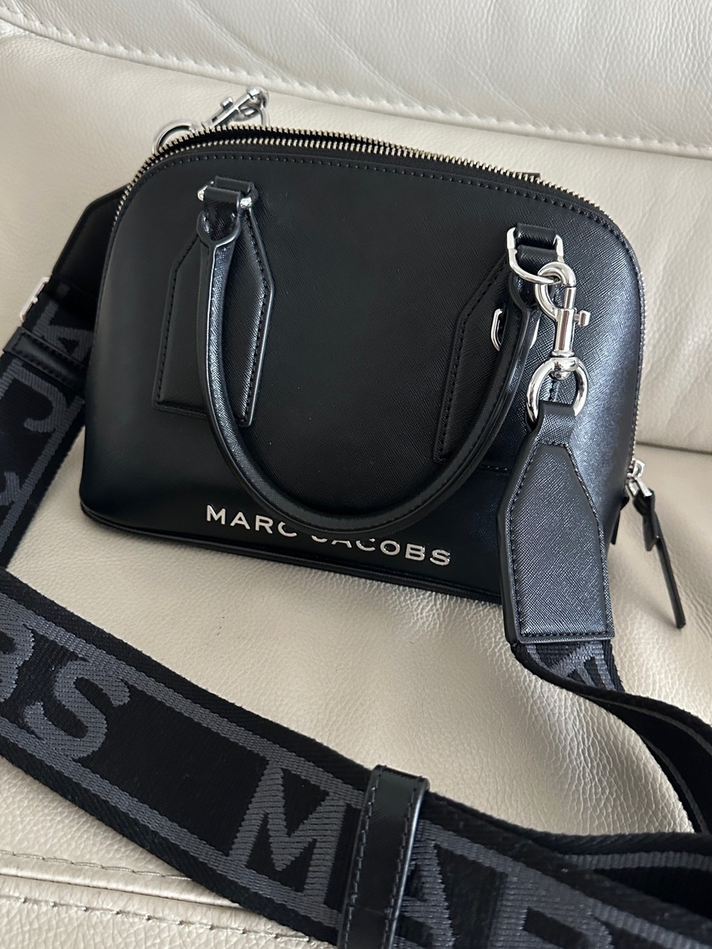 Marc Jacobs Black Leather Dome Satchel with Webbing Strap - Picture 8 of 9